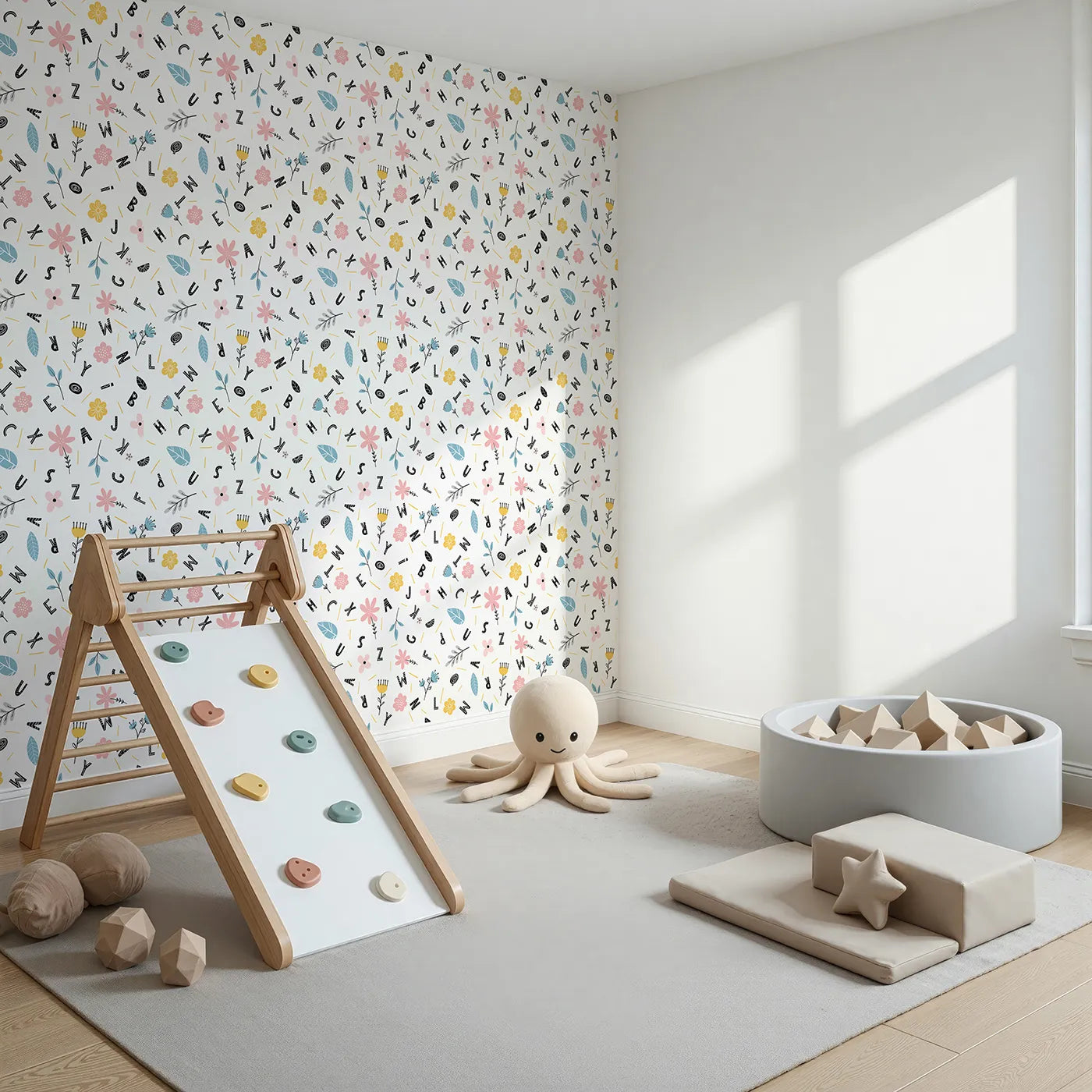 Angled view of Whimsy Tots' Floral Alphabet Garden Wallpaper (W2206).Where every letter of the alphabet grows among the flowers.