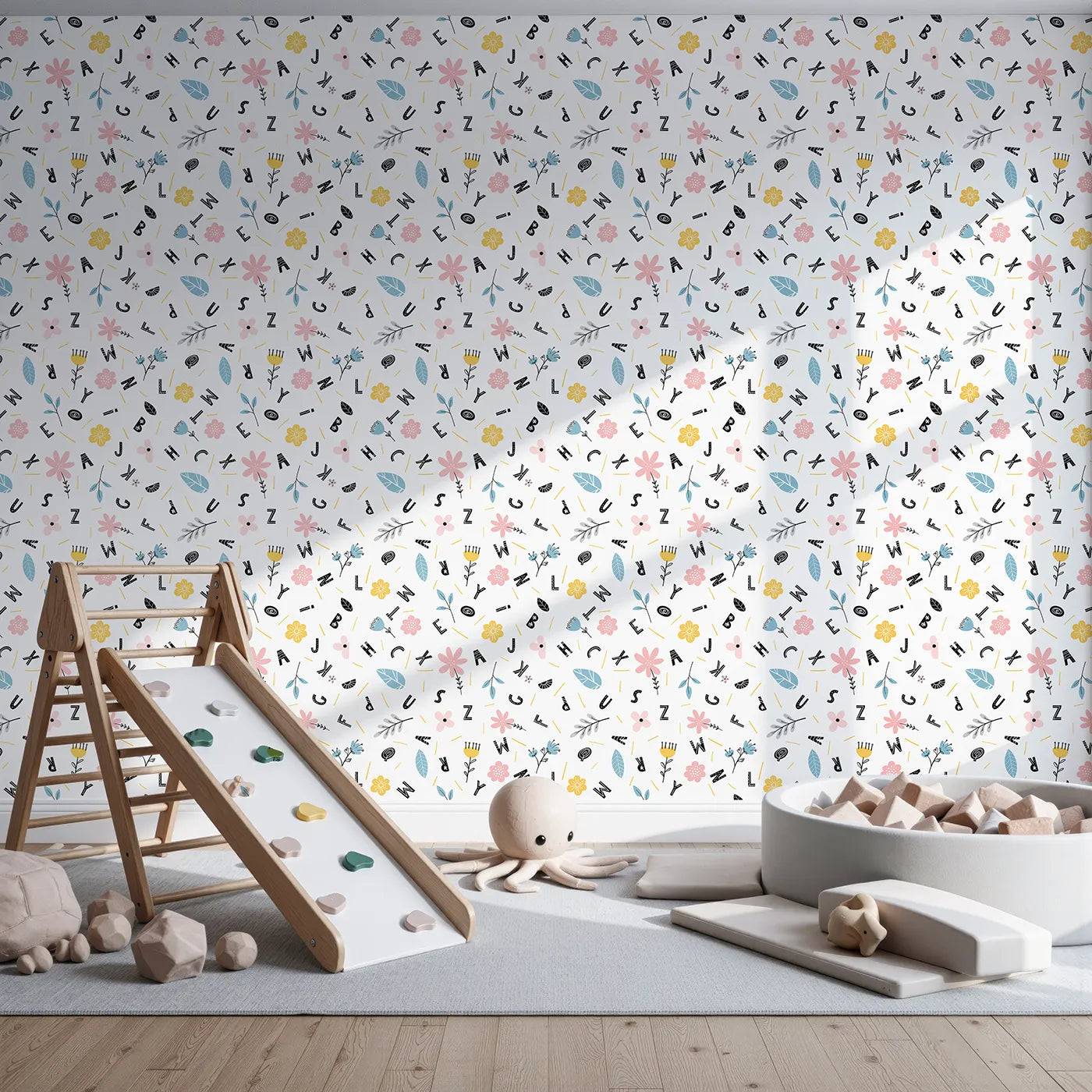 Front view of Whimsy Tots' Floral Alphabet Garden Wallpaper