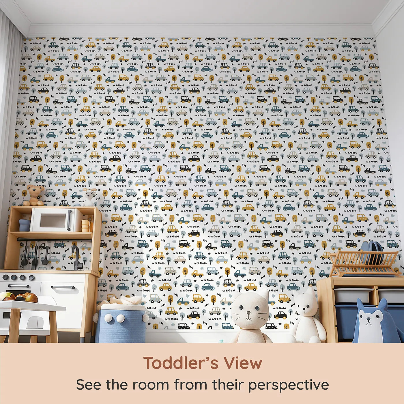 Whimsy Tots Wroom Car and Truck Parade Wallpaper (W2208) from your child's view.Where a whole parade of quirky cars is ready to "Wroom!".