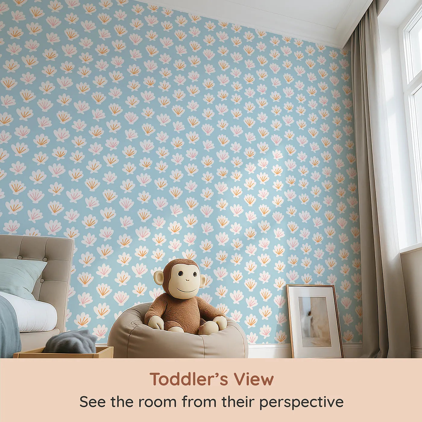 Whimsy Tots Abstract Seashell Bloom Wallpaper (W2209) from your child's view.Where abstract seashells bloom like soft, pastel flowers.