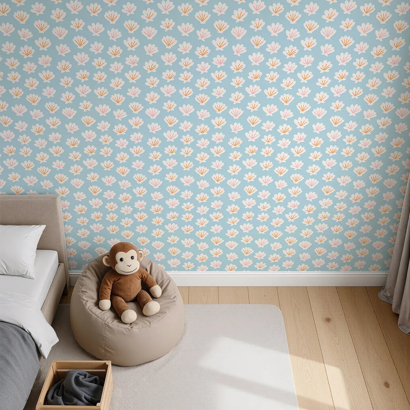 Top-Down view of Whimsy Tots' Abstract Seashell Bloom Wallpaper (W2209).Where abstract seashells bloom like soft, pastel flowers.
