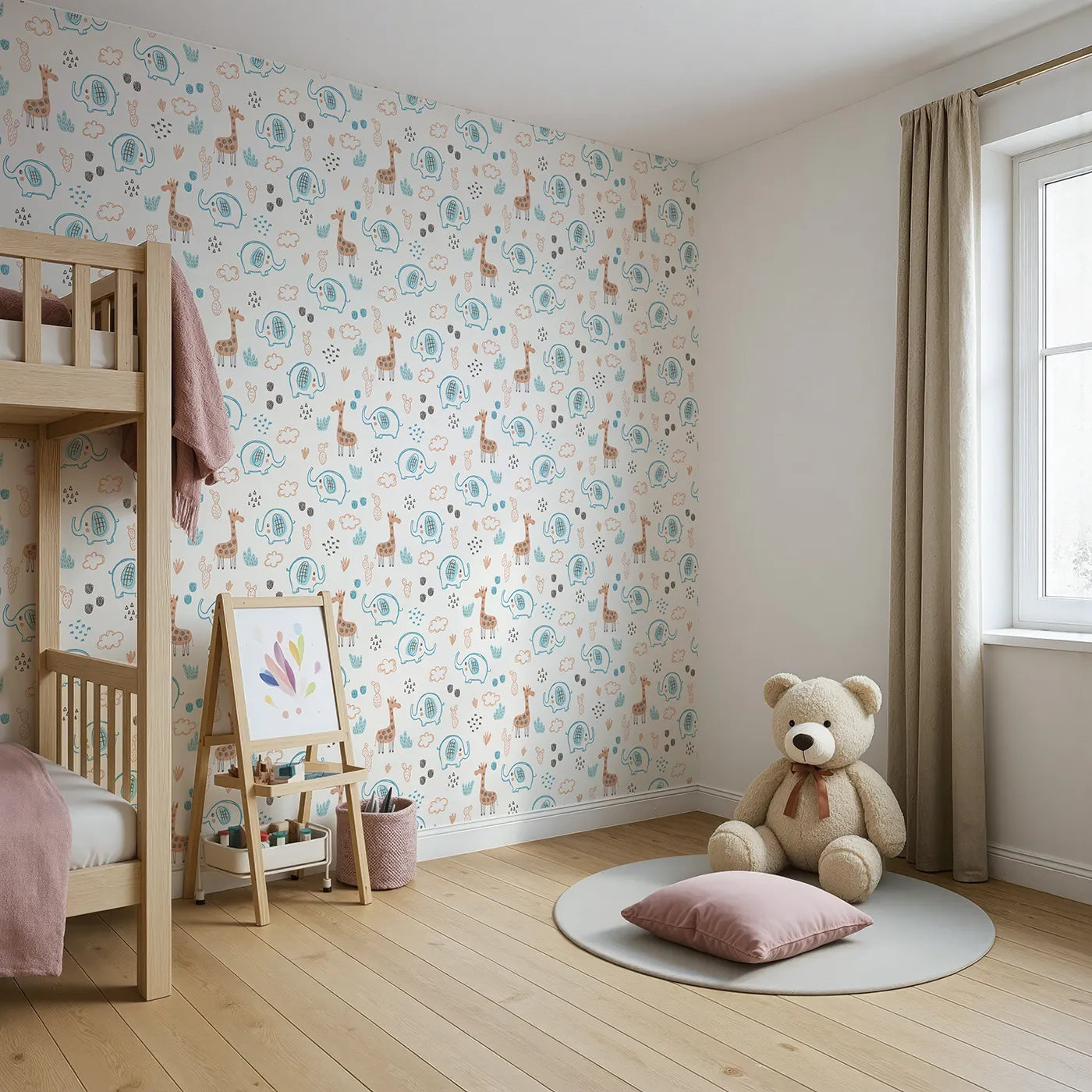 Angled view of Whimsy Tots' Safari Doodle Friends Wallpaper (W2211).Where hand-drawn elephants and giraffes are ready to play.