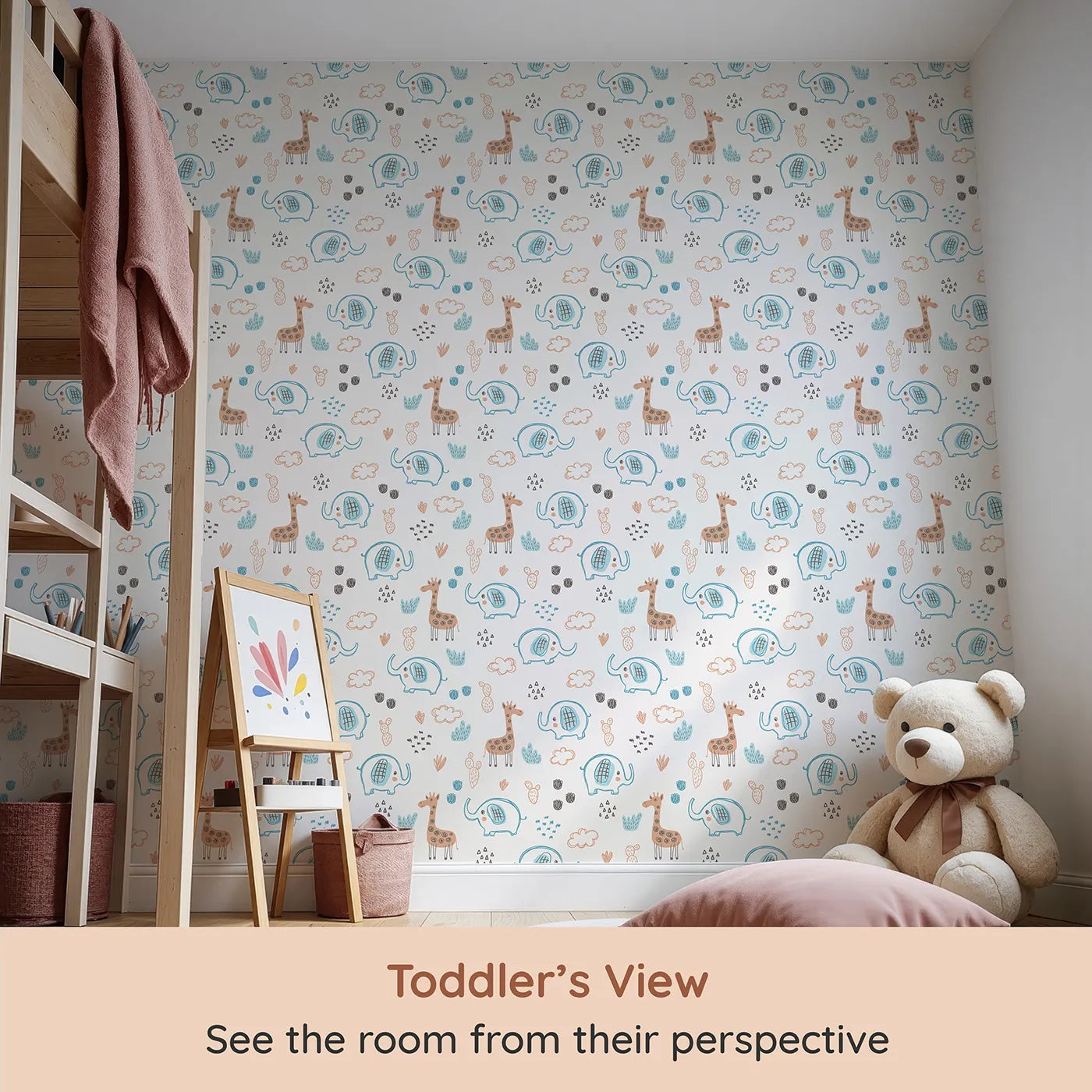 Whimsy Tots Safari Doodle Friends Wallpaper (W2211) from your child's view.Where hand-drawn elephants and giraffes are ready to play.