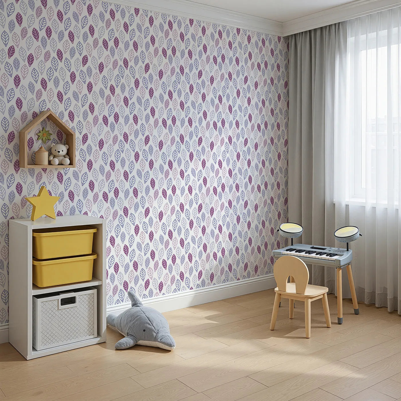 Angled view of Whimsy Tots' Geometric Leaf Pattern Wallpaper in Purple (W2214).Where simple, graphic leaves create a cool and calming pattern.