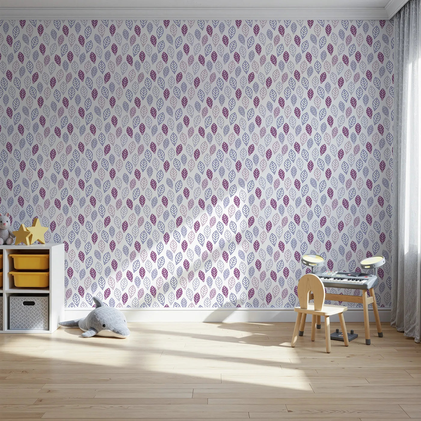 Front view of Whimsy Tots' Geometric Leaf Pattern Wallpaper in Purple
