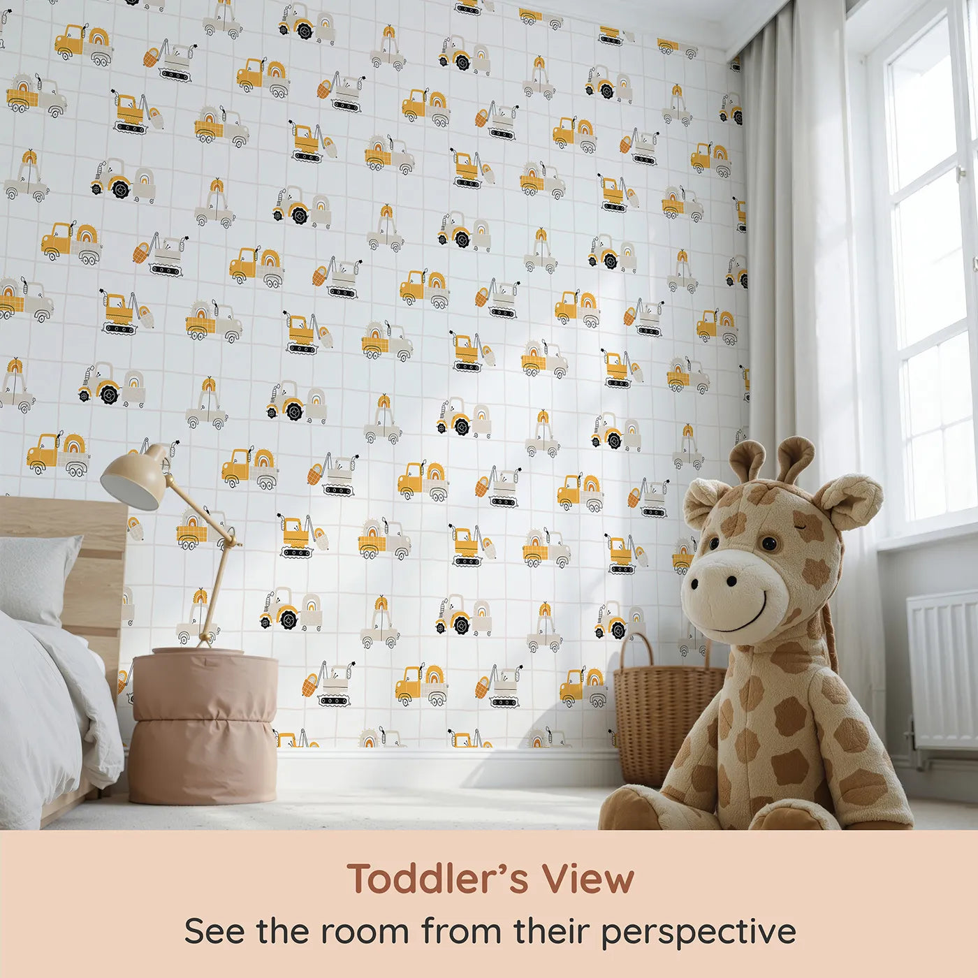 Whimsy Tots Rainbow Truck Grid Wallpaper (W2215) from your child's view.Where cheerful trucks carry rainbows on a modern grid.
