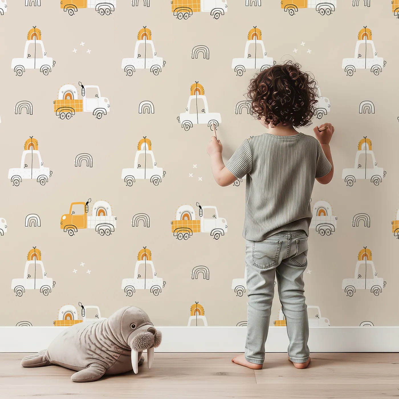 Lovely child standing in front of Whimsy Tots Rainbow Delivery Trucks Wallpaper with truck, rainbow, car, boho, cute in design.