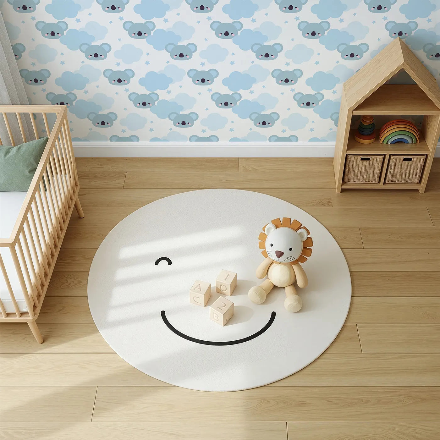 Top-Down view of Whimsy Tots' Koala Cloud Dreams Wallpaper (W2217).Where cute koala faces peek out from behind soft, blue clouds.