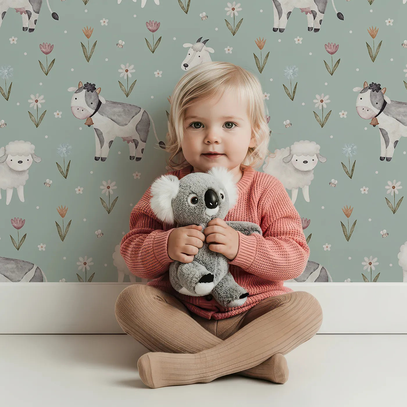 Lovely child standing in front of Whimsy Tots Watercolor Farm Friends Meadow Wallpaper with farm, cow, sheep, goat, flower in design.