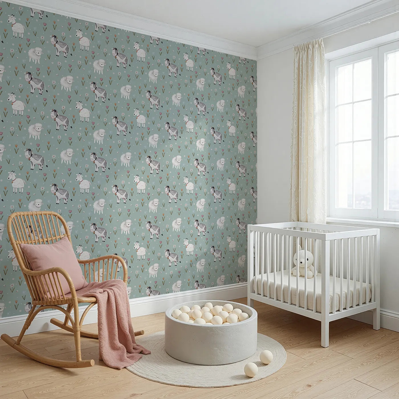 Angled view of Whimsy Tots' Watercolor Farm Friends Meadow Wallpaper (W2218).Where the sweetest farm animals graze among the wildflowers.