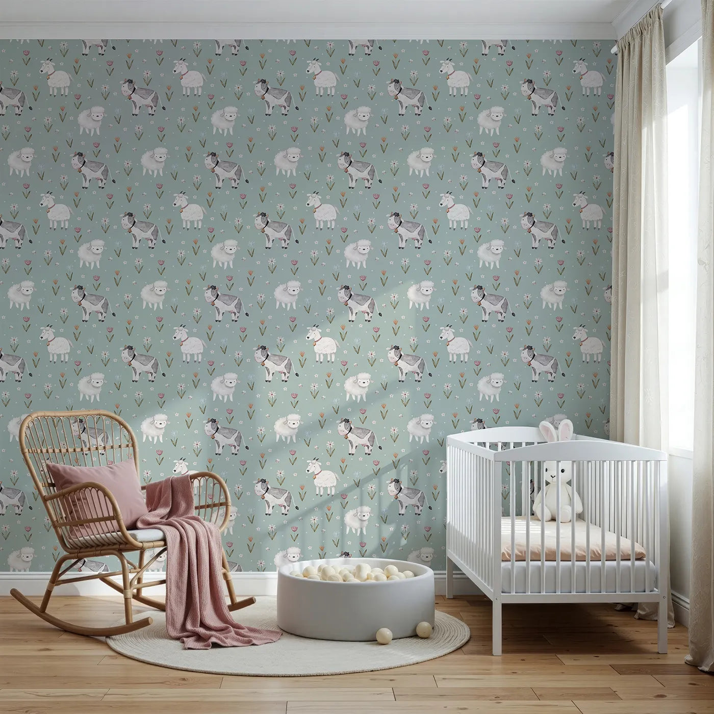 Front view of Whimsy Tots' Watercolor Farm Friends Meadow Wallpaper