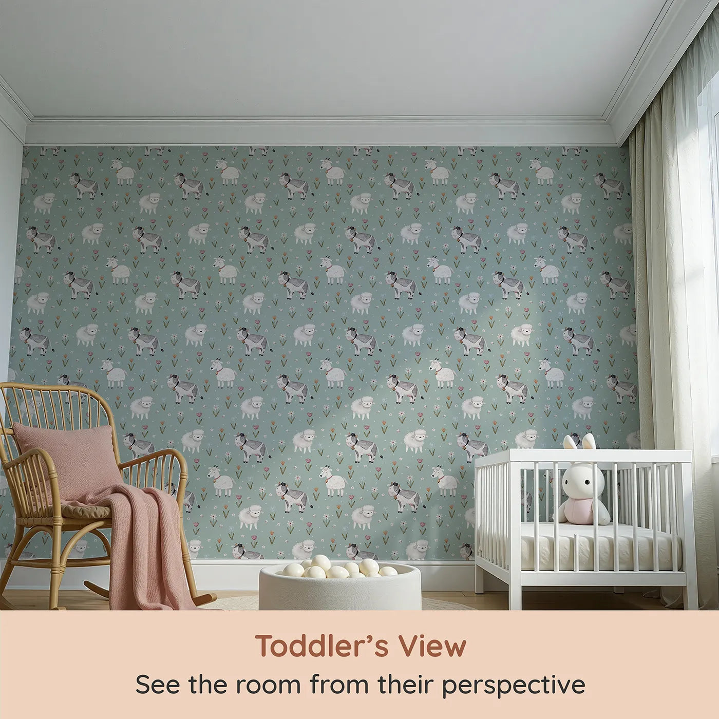 Whimsy Tots Watercolor Farm Friends Meadow Wallpaper (W2218) from your child's view.Where the sweetest farm animals graze among the wildflowers.