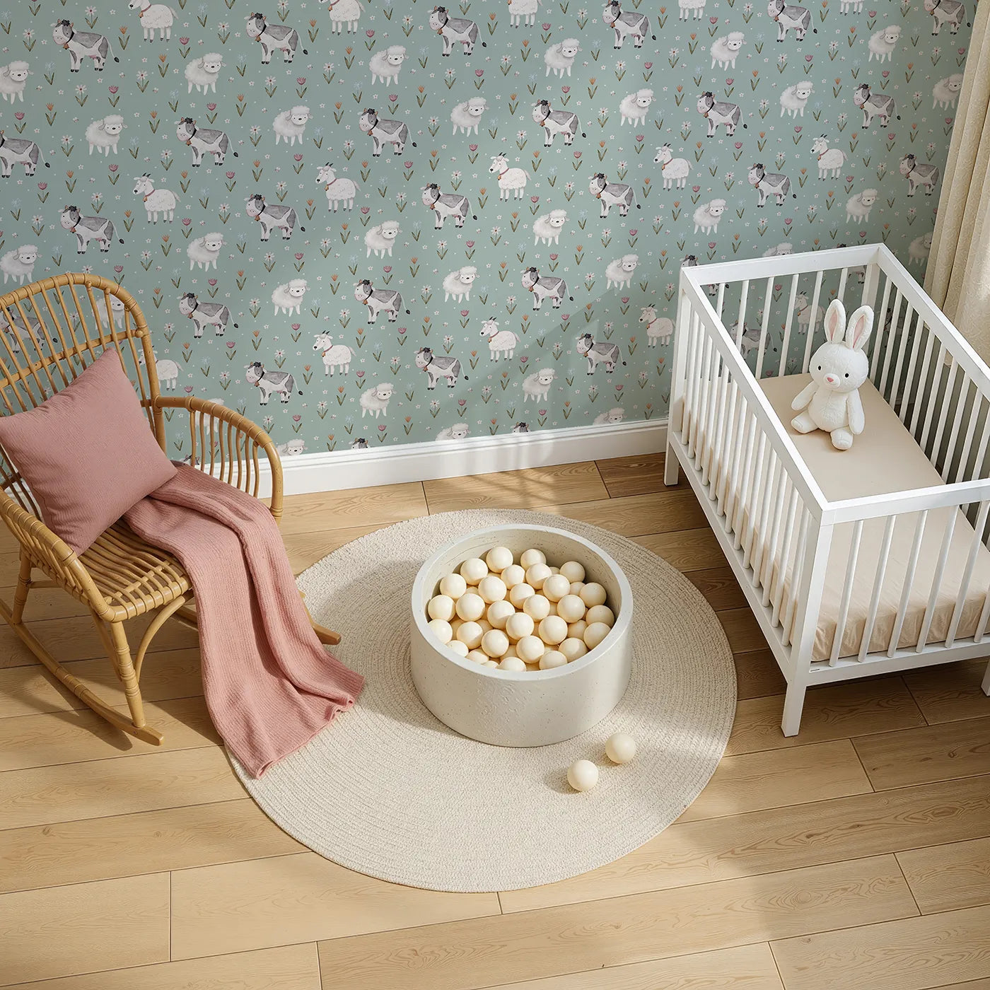 Top-Down view of Whimsy Tots' Watercolor Farm Friends Meadow Wallpaper (W2218).Where the sweetest farm animals graze among the wildflowers.