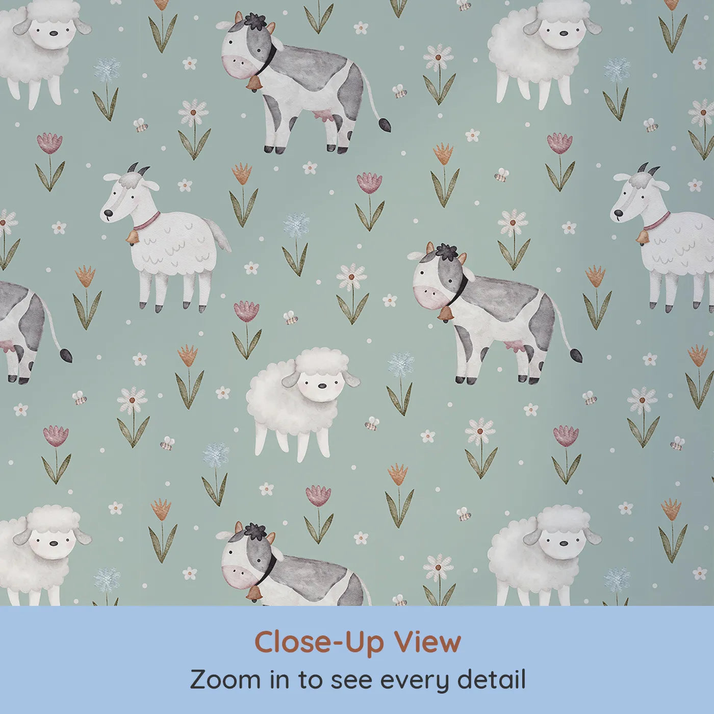 Close-up view of Whimsy Tots' Watercolor Farm Friends Meadow Wallpaper (W2218).Where the sweetest farm animals graze among the wildflowers.