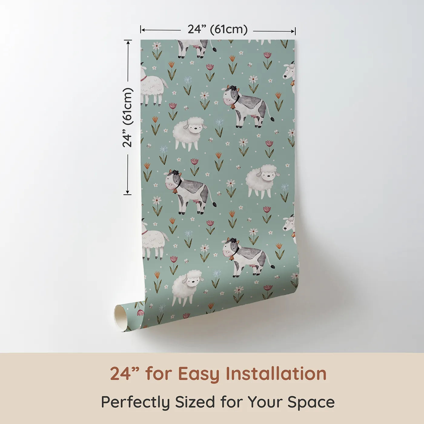 Dimension view of Whimsy Tots Watercolor Farm Friends Meadow Wallpaper (W2218). Printed in 24-inch-wide panel for easy installation. Where the sweetest farm animals graze among the wildflowers.