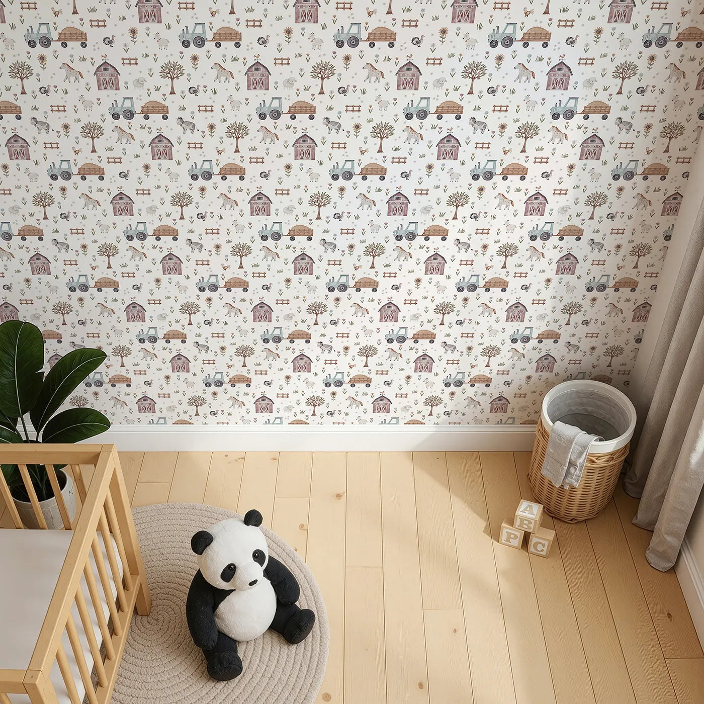 Top-Down view of Whimsy Tots' Watercolor Country Farm Life Wallpaper (W2219).Where a whole world of country life is painted with a gentle hand.