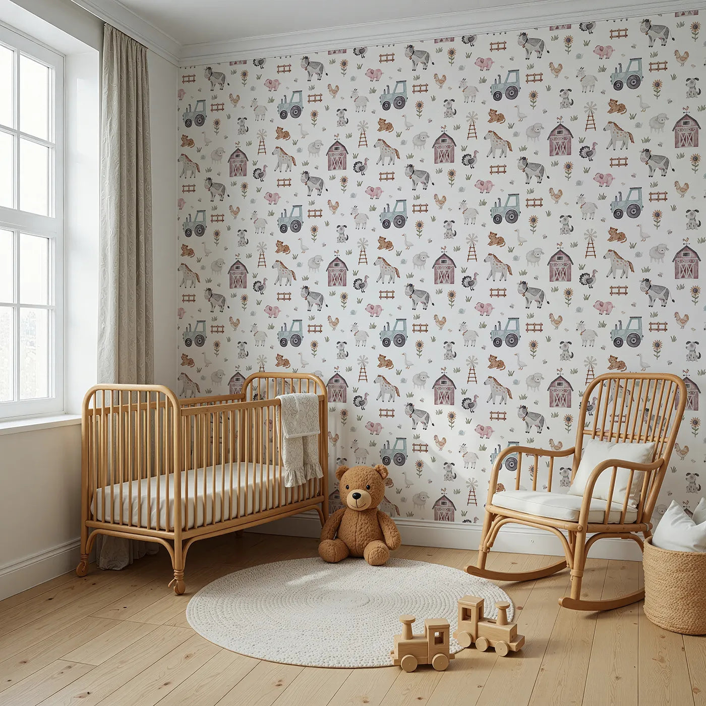 Angled view of Whimsy Tots' Watercolor Farm Animal Parade Wallpaper (W2220).Where a whole parade of happy animals is waiting to play.