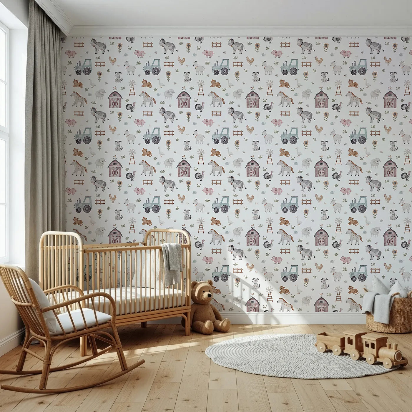 Front view of Whimsy Tots' Watercolor Farm Animal Parade Wallpaper