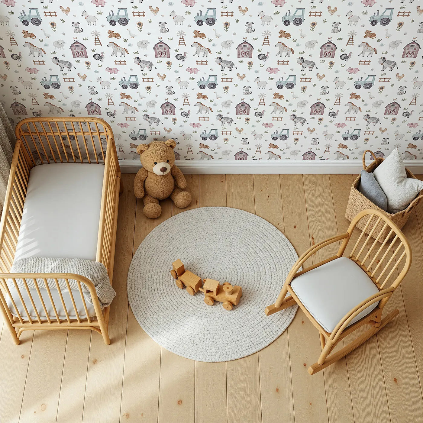 Top-Down view of Whimsy Tots' Watercolor Farm Animal Parade Wallpaper (W2220).Where a whole parade of happy animals is waiting to play.