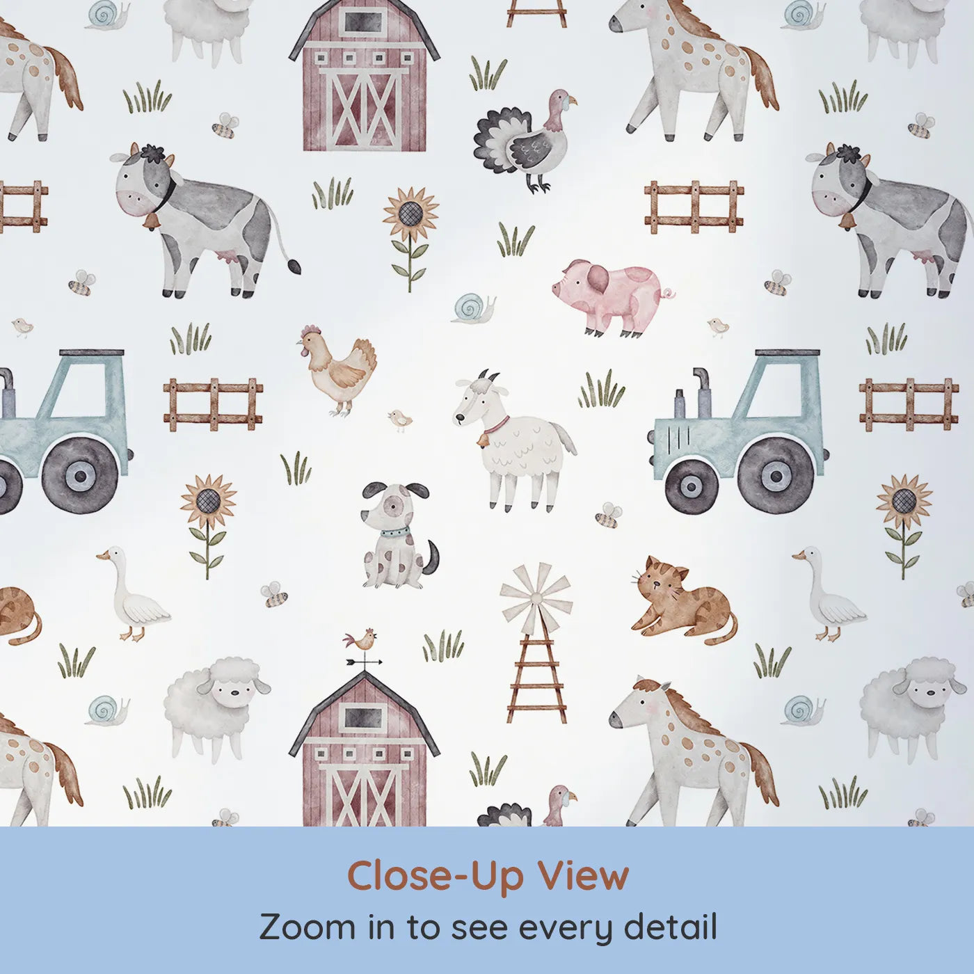 Close-up view of Whimsy Tots' Watercolor Farm Animal Parade Wallpaper (W2220).Where a whole parade of happy animals is waiting to play.