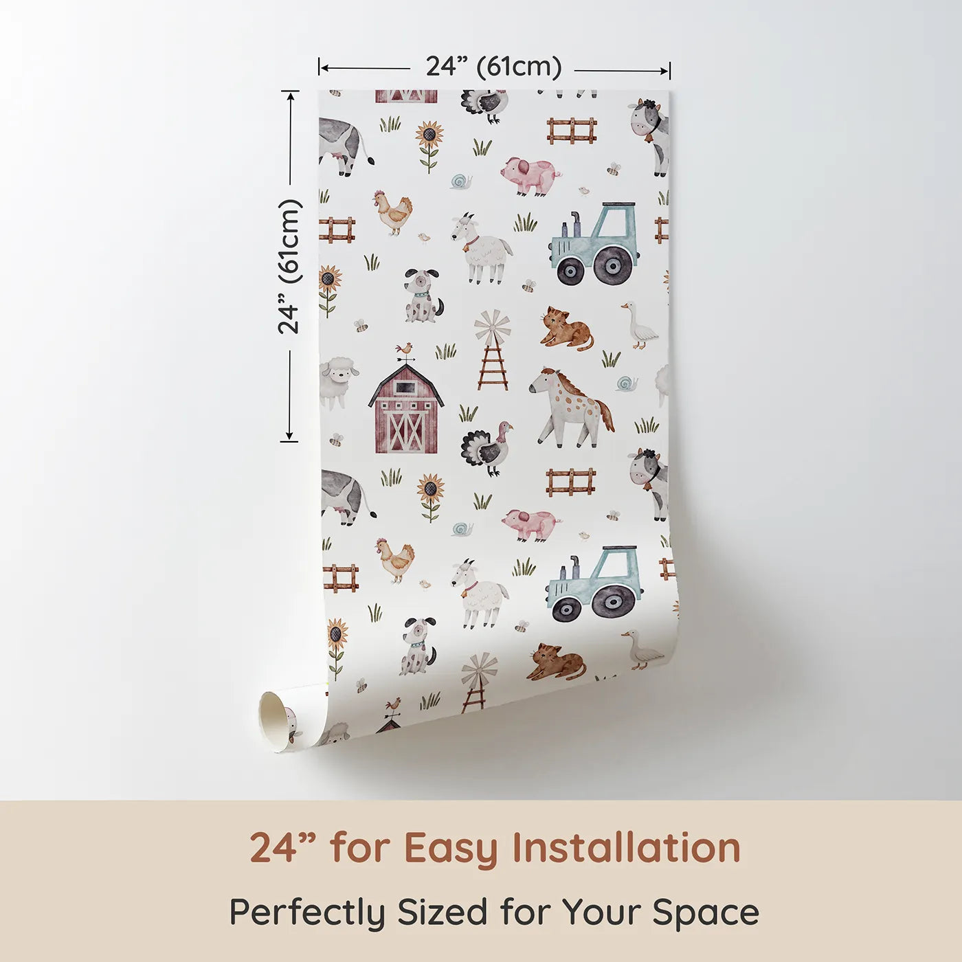 Dimension view of Whimsy Tots Watercolor Farm Animal Parade Wallpaper (W2220). Printed in 24-inch-wide panel for easy installation. Where a whole parade of happy animals is waiting to play.