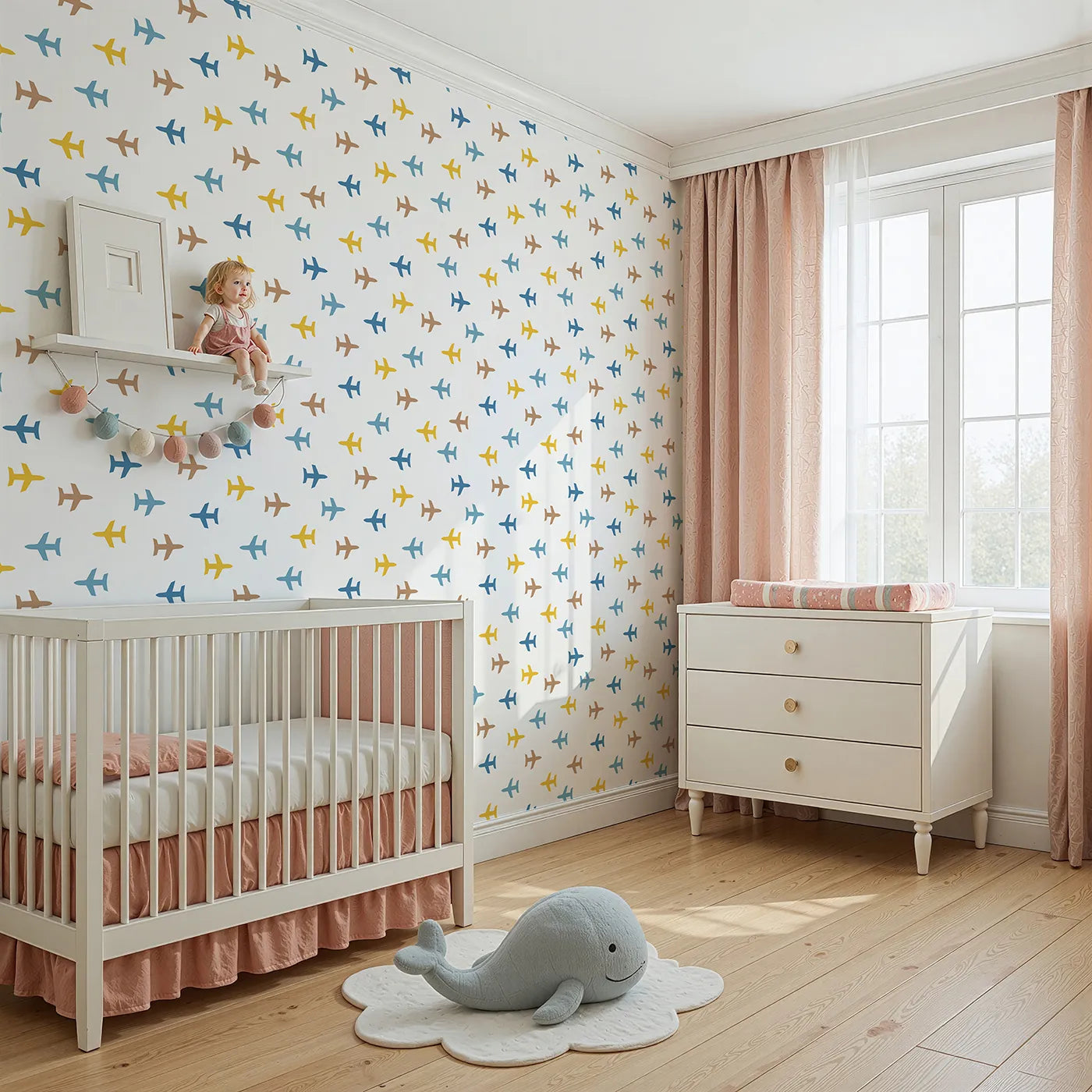 Angled view of Whimsy Tots' Minimalist Airplane Scatter Wallpaper (W2221).Where a fleet of colorful planes is ready for adventure.