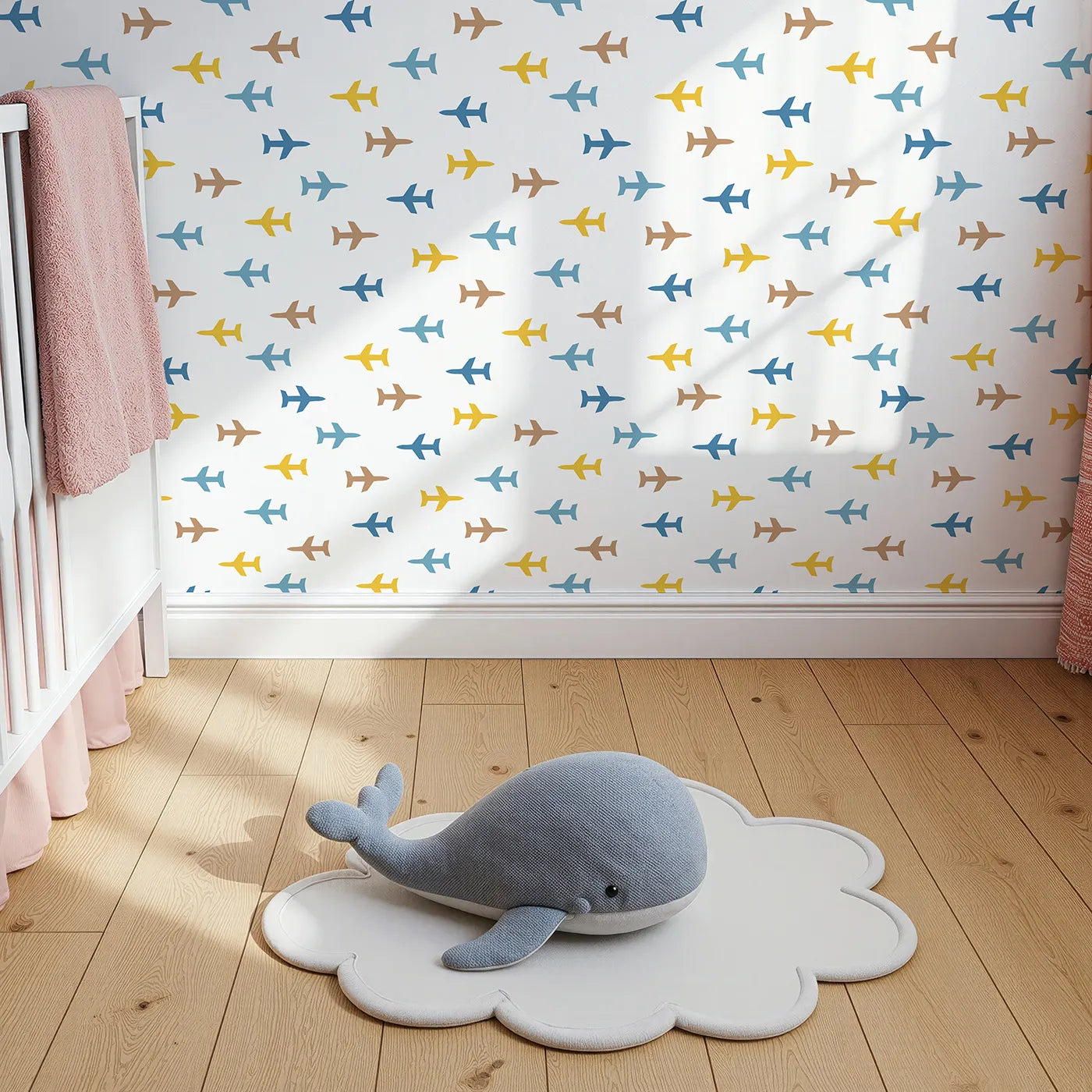 Top-Down view of Whimsy Tots' Minimalist Airplane Scatter Wallpaper (W2221).Where a fleet of colorful planes is ready for adventure.