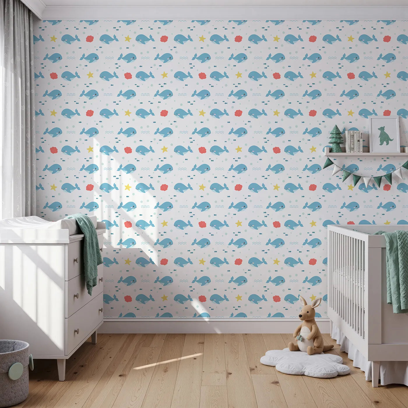 Front view of Whimsy Tots' Happy Whale Friends Wallpaper