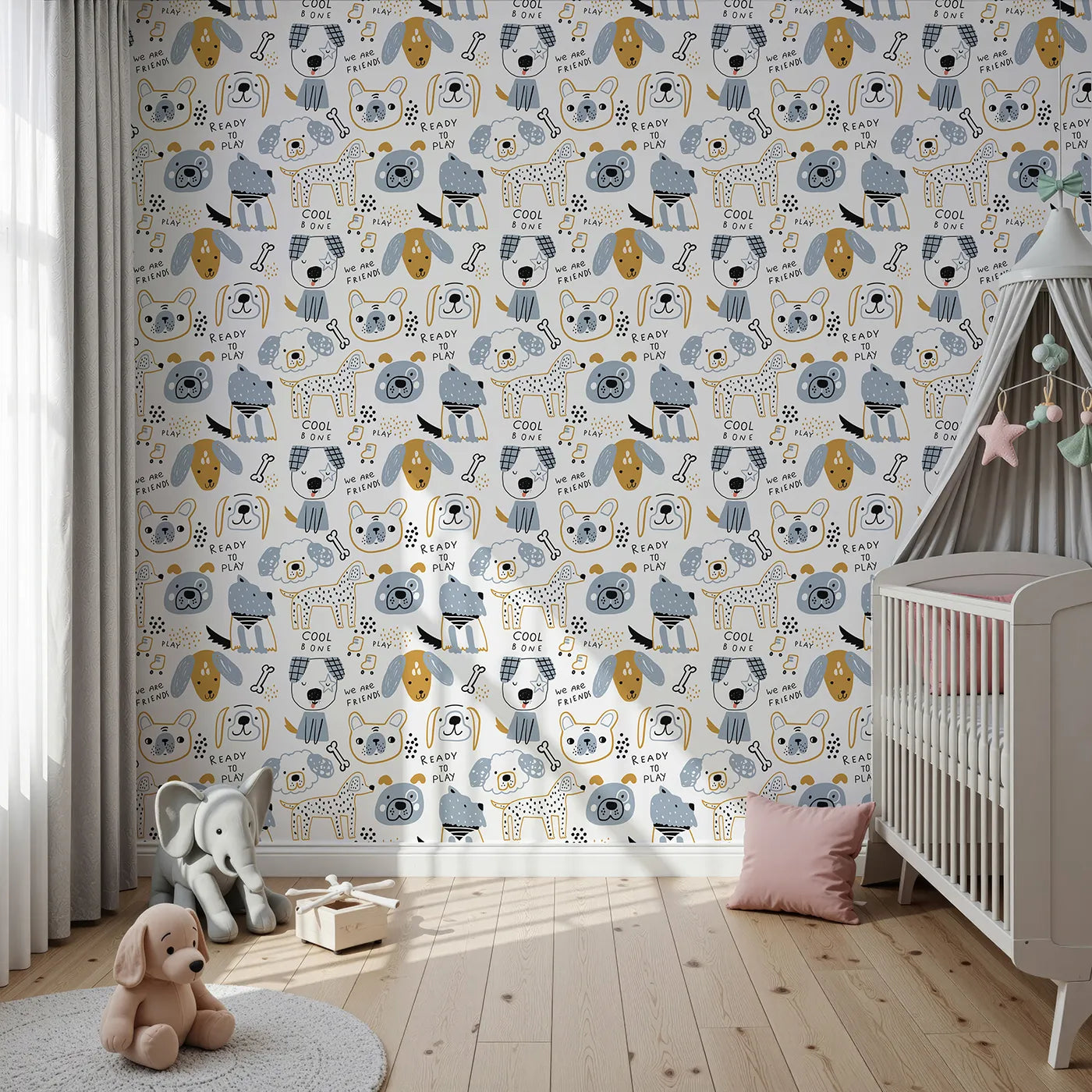 Front view of Whimsy Tots' Playful Puppy Portraits Wallpaper