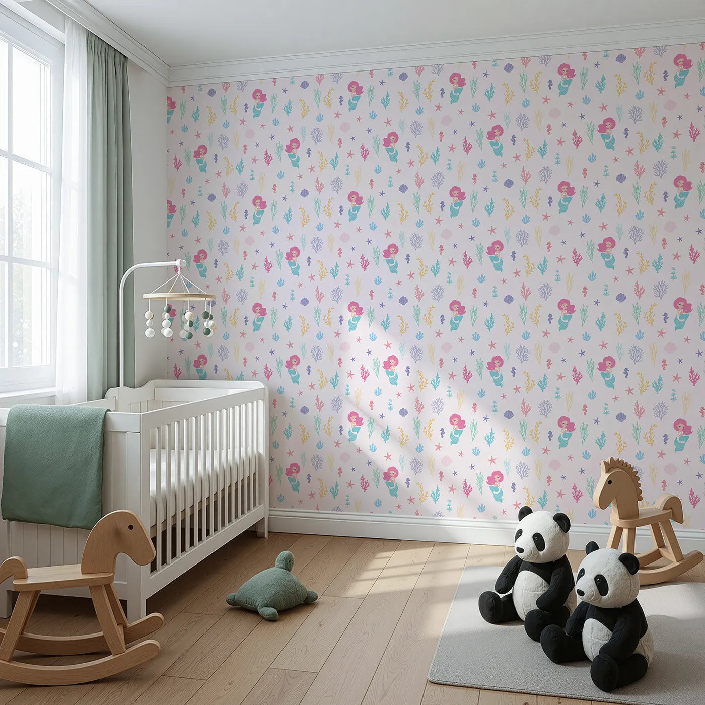 Angled view of Whimsy Tots' Pastel Mermaid Garden Wallpaper (W2227).Where sweet mermaids swim among a rainbow of sea treasures.