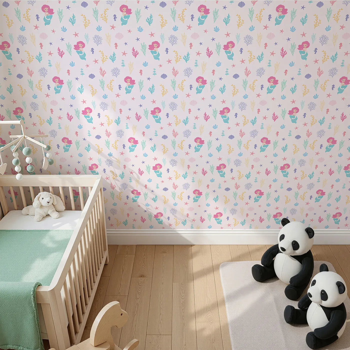 Top-Down view of Whimsy Tots' Pastel Mermaid Garden Wallpaper (W2227).Where sweet mermaids swim among a rainbow of sea treasures.