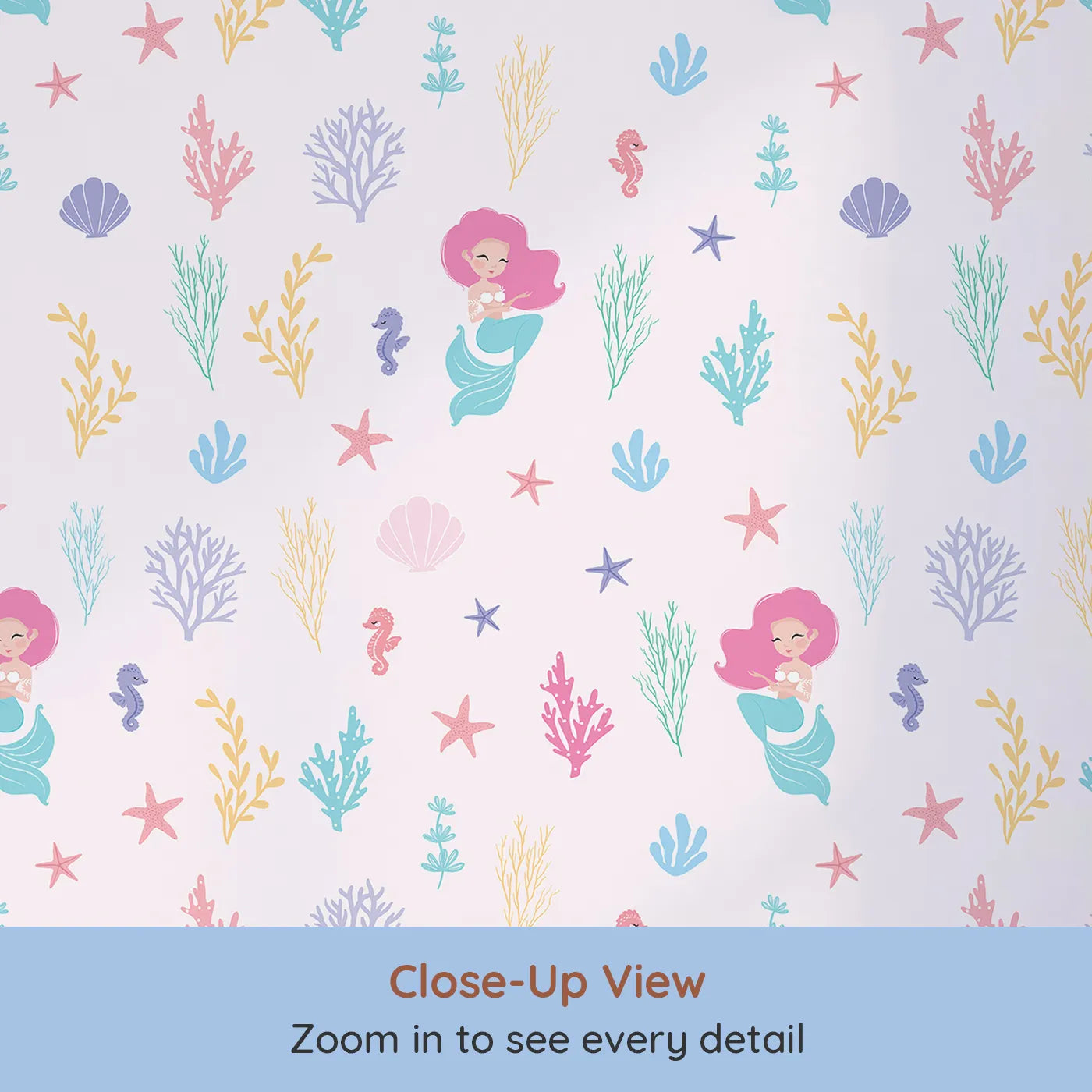 Close-up view of Whimsy Tots' Pastel Mermaid Garden Wallpaper (W2227).Where sweet mermaids swim among a rainbow of sea treasures.