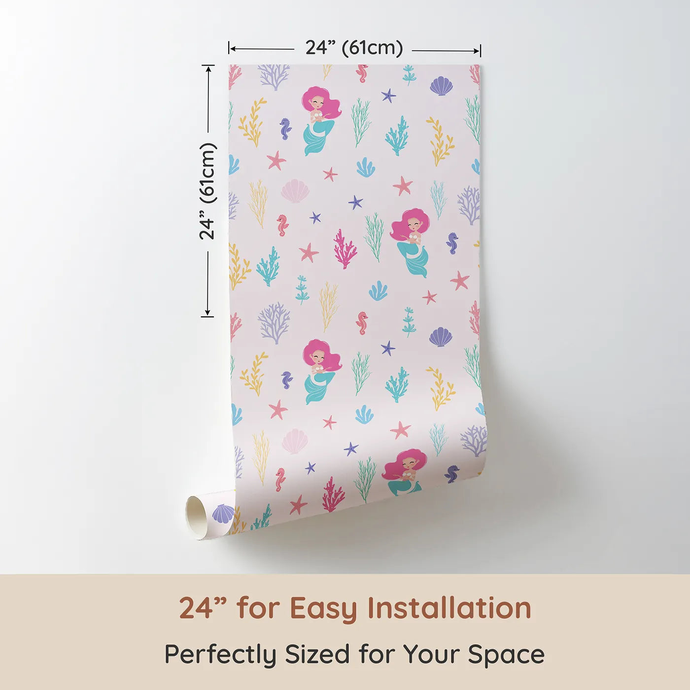 Dimension view of Whimsy Tots Pastel Mermaid Garden Wallpaper (W2227). Printed in 24-inch-wide panel for easy installation. Where sweet mermaids swim among a rainbow of sea treasures.
