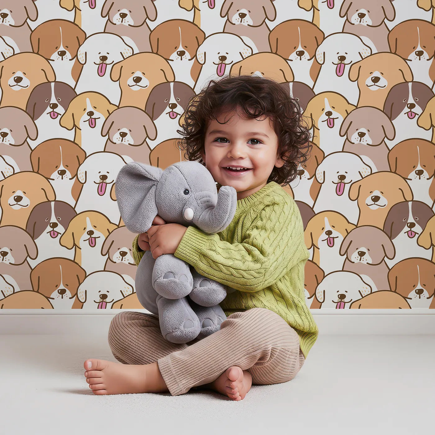 Lovely child standing in front of Whimsy Tots Happy Puppy Pile Wallpaper with dog, puppy, cute, crowd, animal in design.