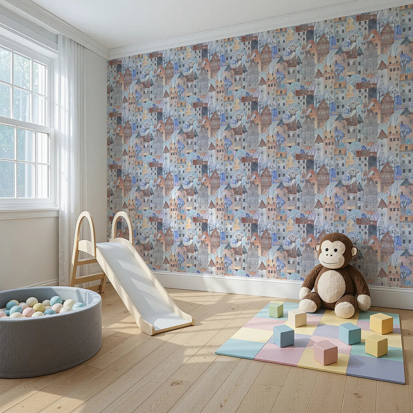 Angled view of Whimsy Tots' Snowy Watercolor Village Wallpaper (W2230).Where a gentle snow falls on a cozy, storybook village.