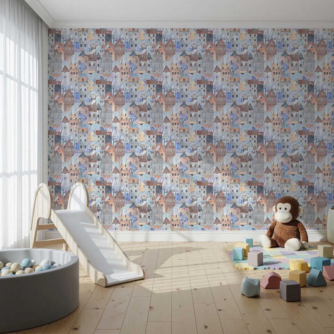 Front view of Whimsy Tots' Snowy Watercolor Village Wallpaper