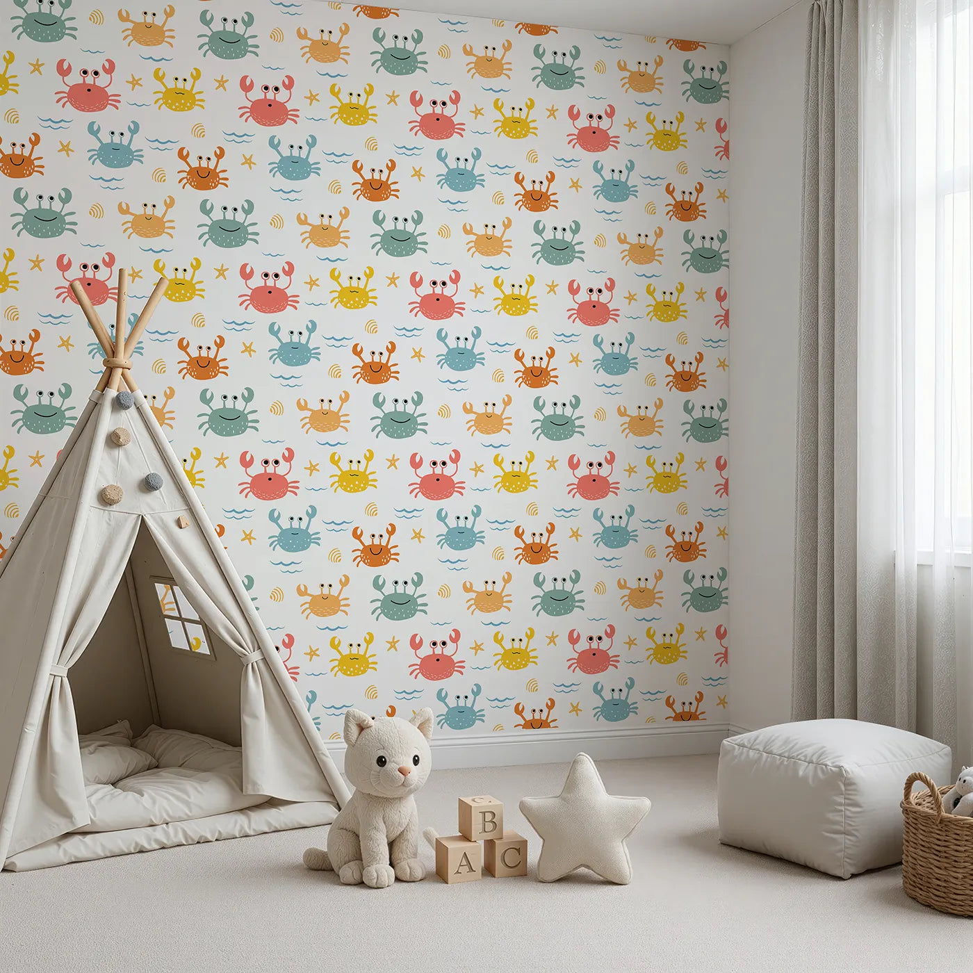 Angled view of Whimsy Tots' Happy Crab Friends Wallpaper (W2231).Where a crew of colorful crabs is ready for some seaside fun.