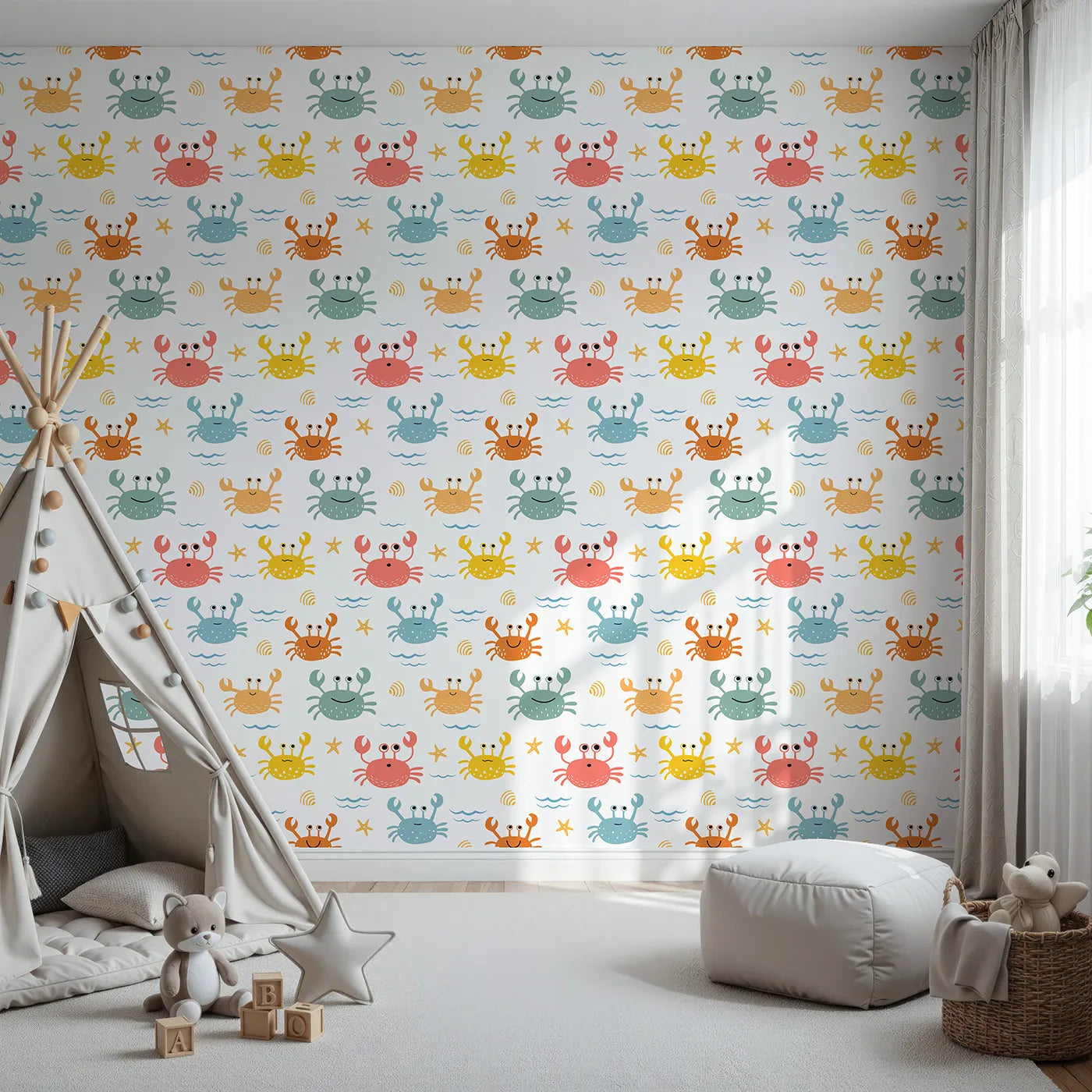 Front view of Whimsy Tots' Happy Crab Friends Wallpaper