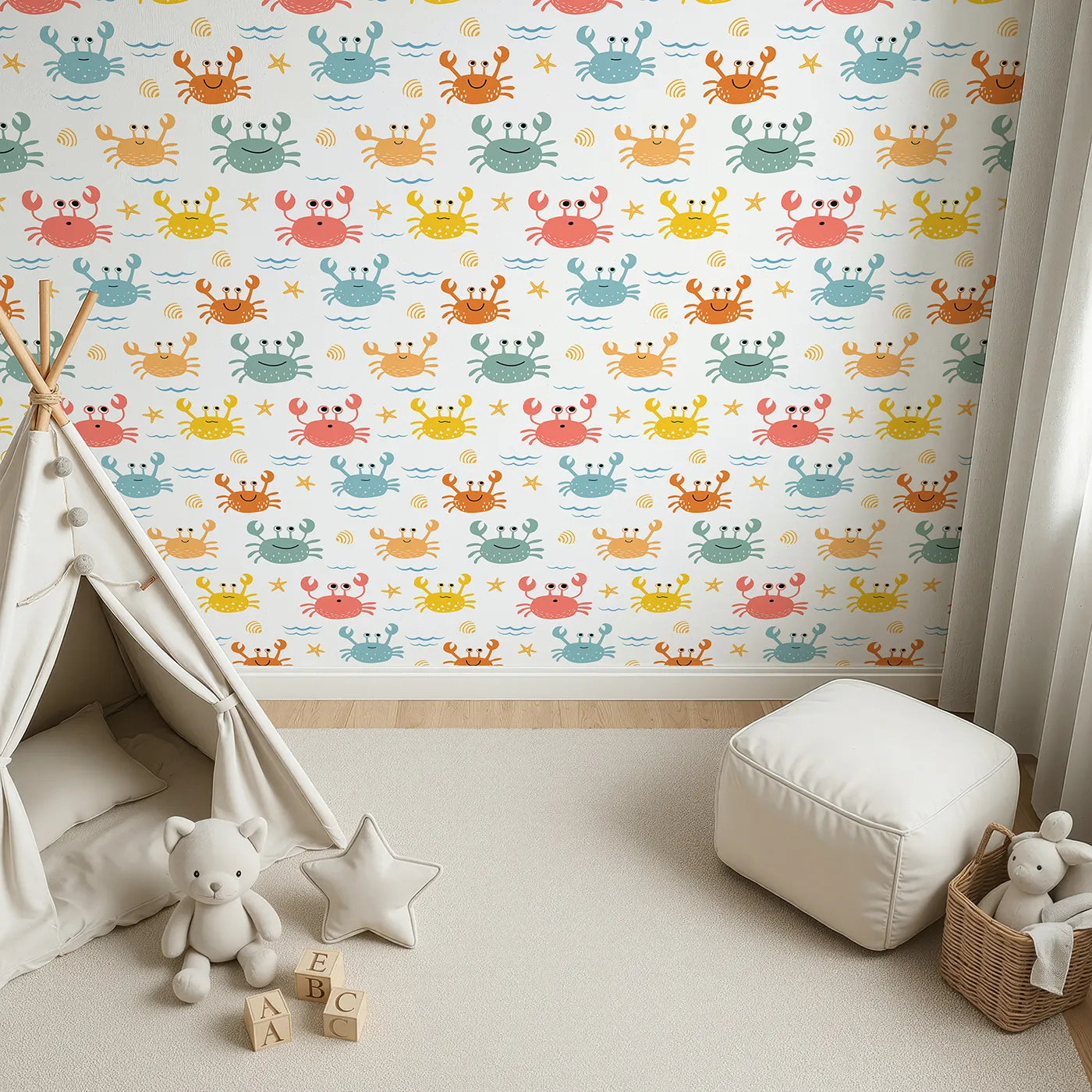 Top-Down view of Whimsy Tots' Happy Crab Friends Wallpaper (W2231).Where a crew of colorful crabs is ready for some seaside fun.