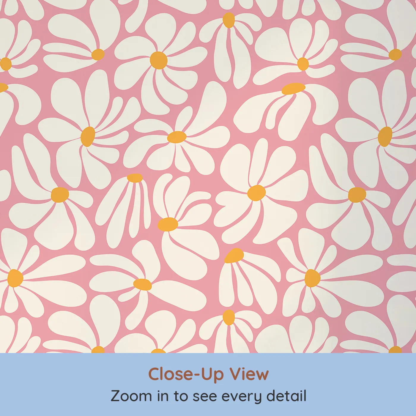 Close-up view of Whimsy Tots' Groovy Daisy Wallpaper in Pink (W2233).Where big, bold daisies are always in bloom.