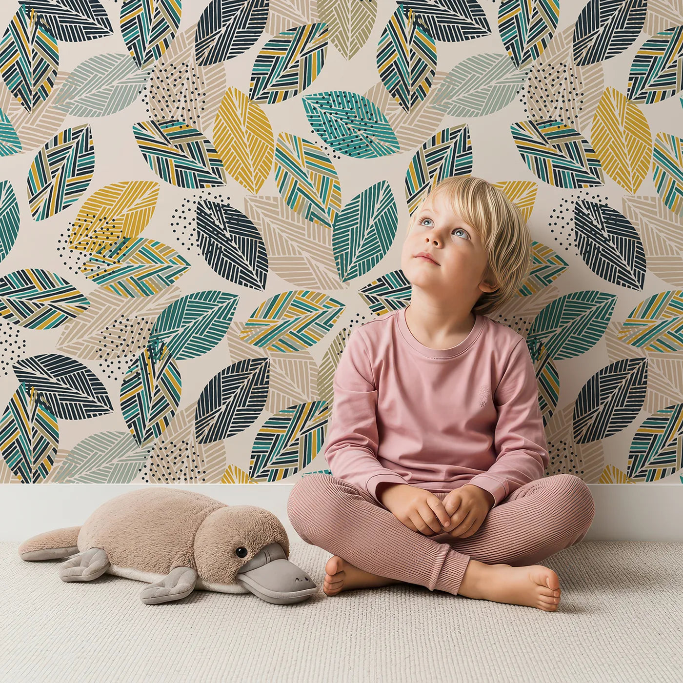 Lovely child standing in front of Whimsy Tots Modern Geometric Leaves Wallpaper with leaf, geometric, modern, abstract, pattern in design.