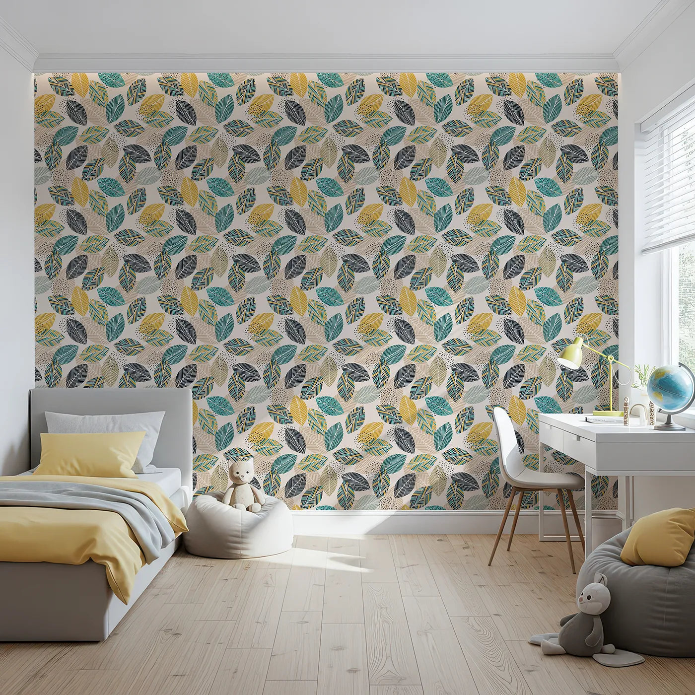 Front view of Whimsy Tots' Modern Geometric Leaves Wallpaper