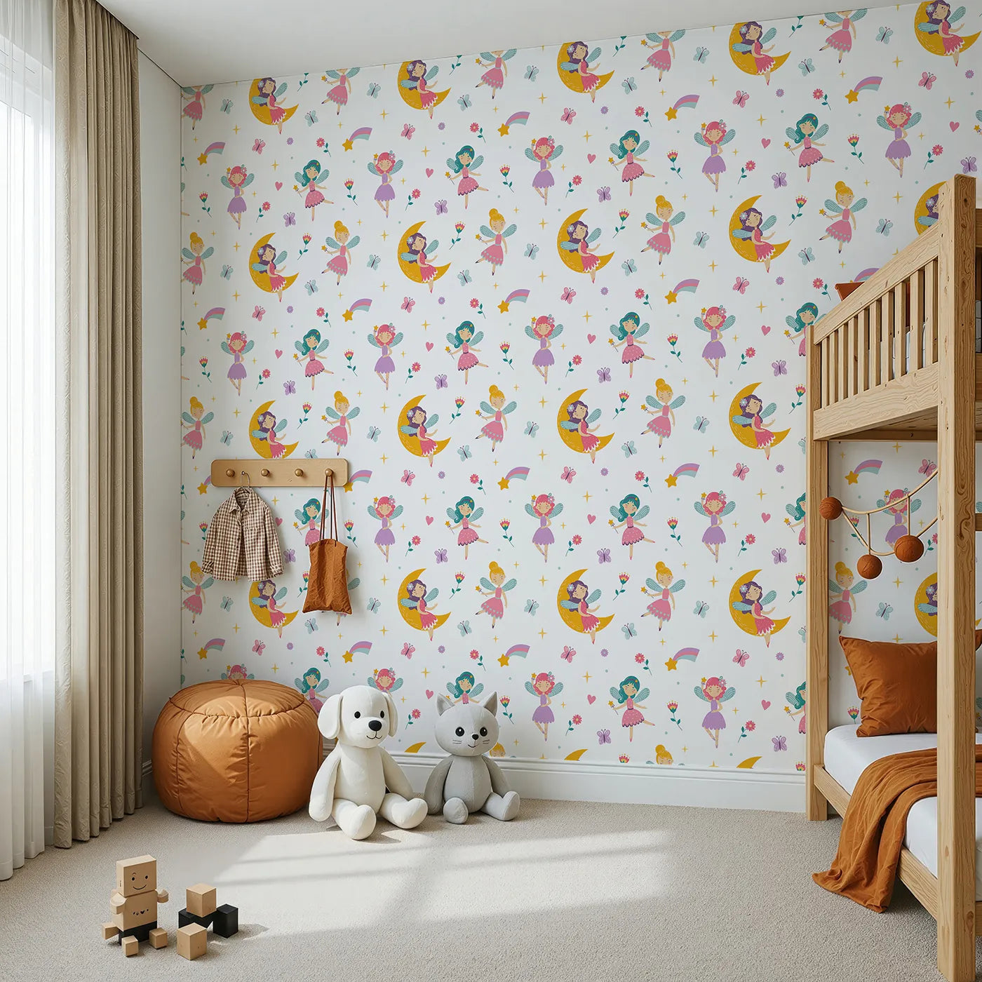 Angled view of Whimsy Tots' Moonbeam Fairy Garden Wallpaper (W2240).Where sweet fairies dance in the light of the moon.