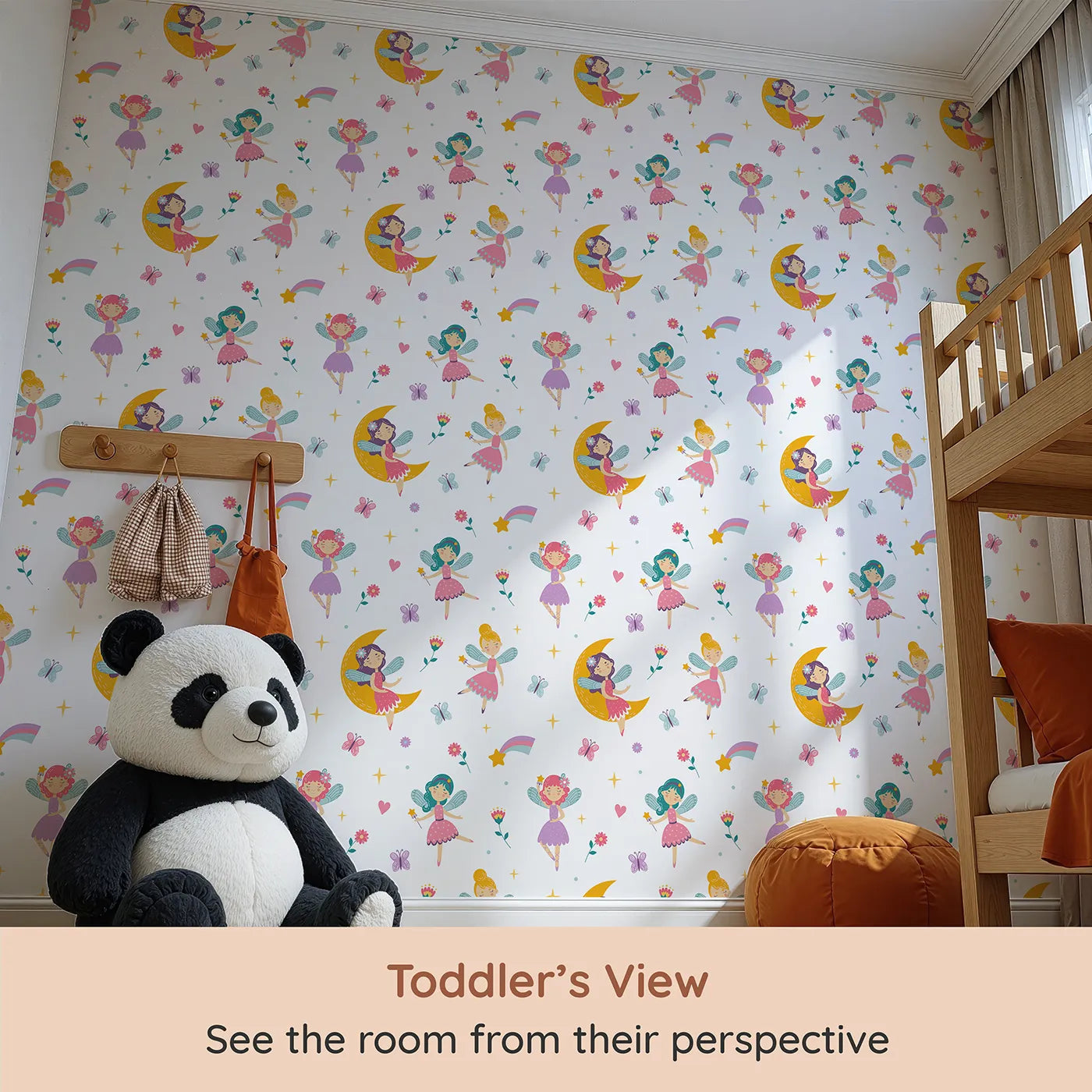 Whimsy Tots Moonbeam Fairy Garden Wallpaper (W2240) from your child's view.Where sweet fairies dance in the light of the moon.