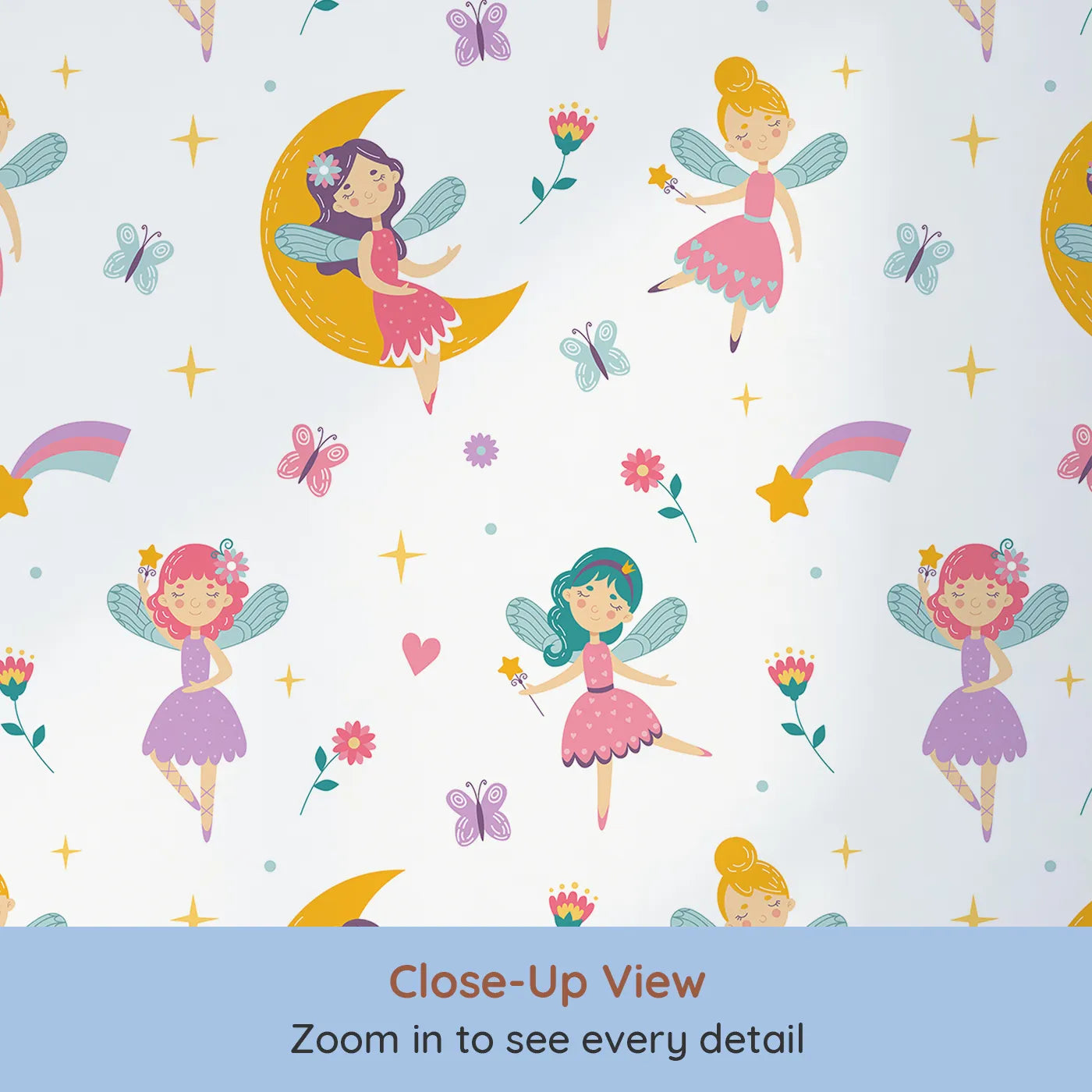 Close-up view of Whimsy Tots' Moonbeam Fairy Garden Wallpaper (W2240).Where sweet fairies dance in the light of the moon.