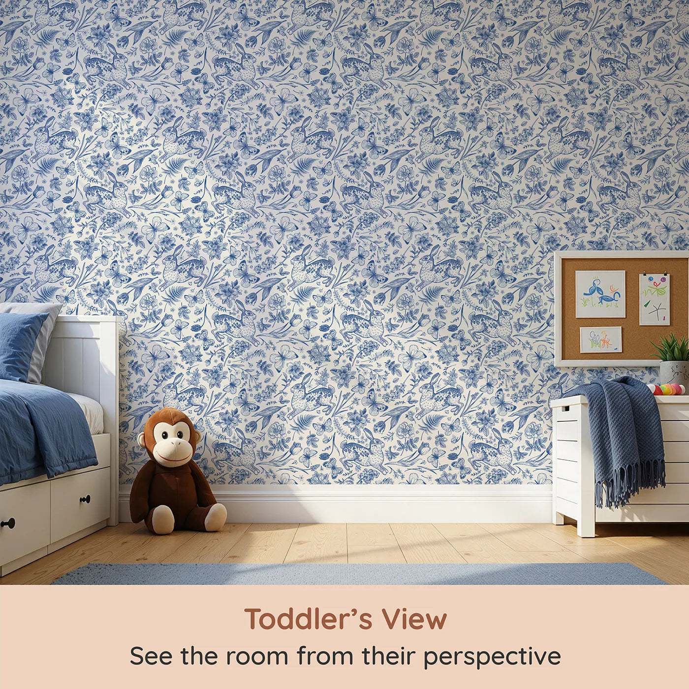 Whimsy Tots Vintage Rabbit Toile Wallpaper in Blue (W2241) from your child's view.Where detailed, hand-drawn rabbits leap through a floral meadow.