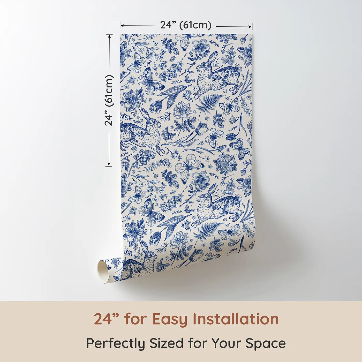 Dimension view of Whimsy Tots Vintage Rabbit Toile Wallpaper in Blue (W2241). Printed in 24-inch-wide panel for easy installation. Where detailed, hand-drawn rabbits leap through a floral meadow.