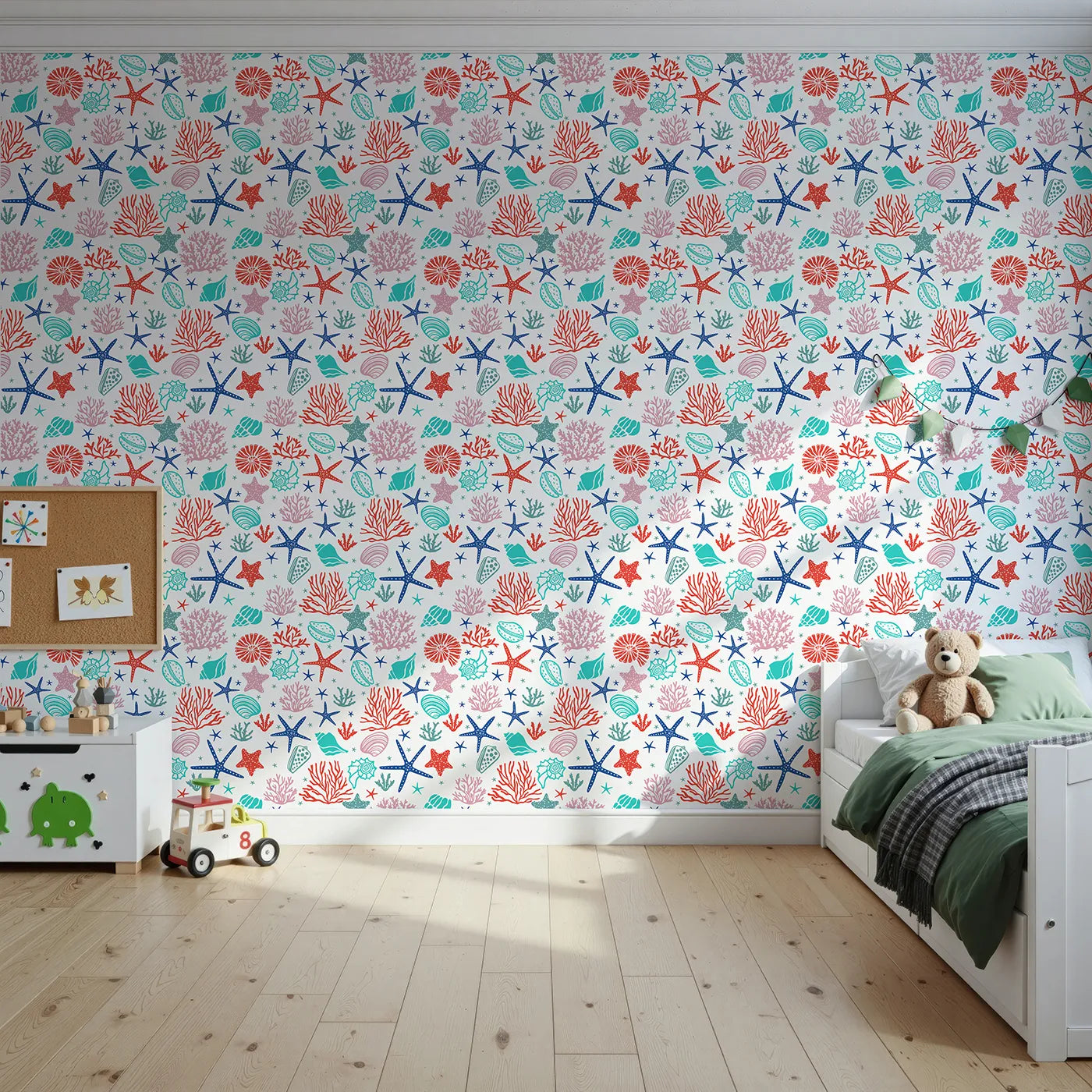Front view of Whimsy Tots' Vibrant Coral Reef Wallpaper