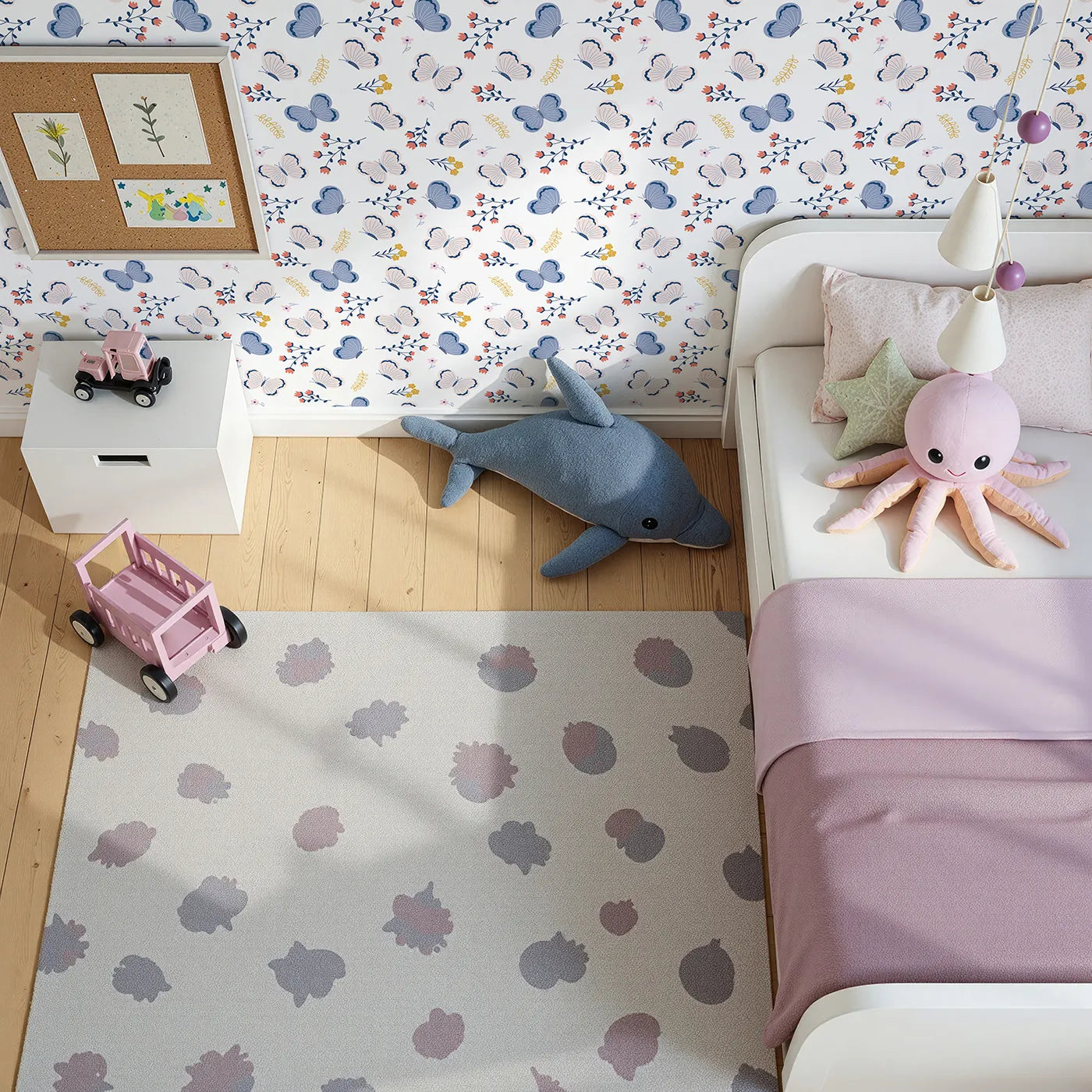 Top-Down view of Whimsy Tots' Butterfly Garden Bloom Wallpaper (W2243).Where sweet butterflies and simple flowers dance on the breeze.