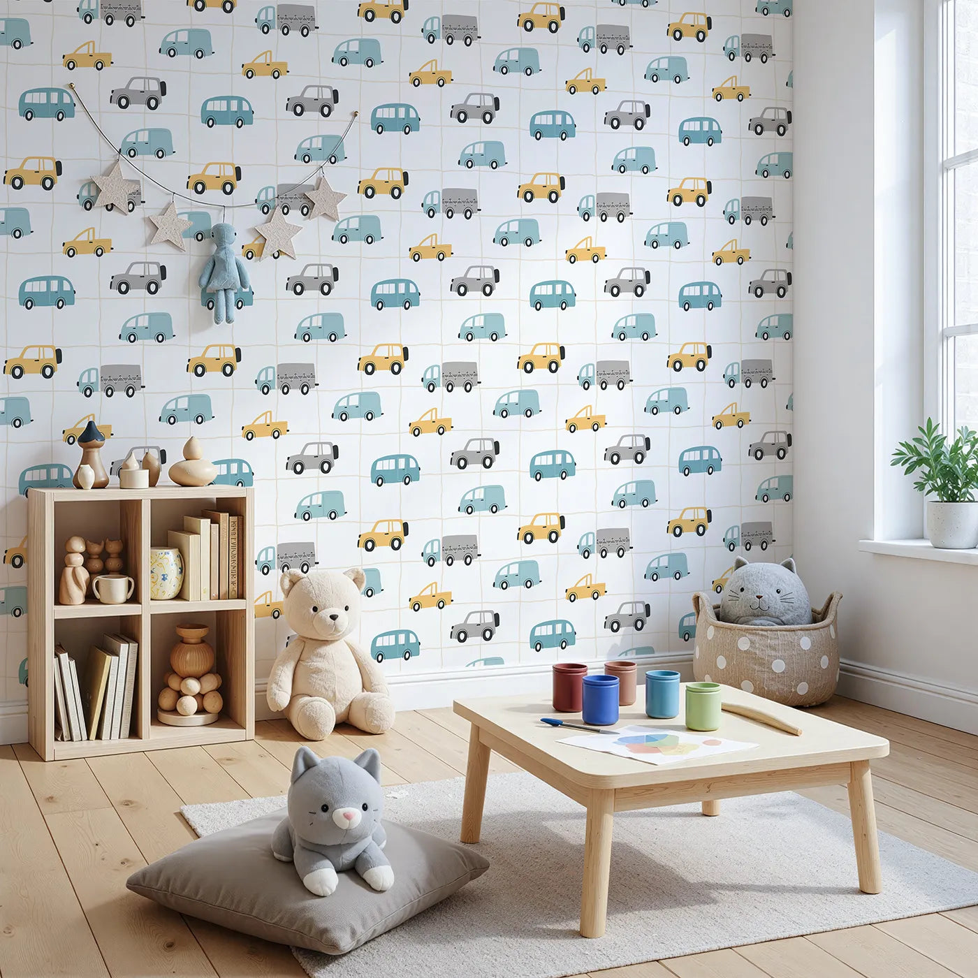 Angled view of Whimsy Tots' Gridlock Pals Car and Truck Wallpaper (W2244).Where a friendly traffic jam is always a fun adventure.